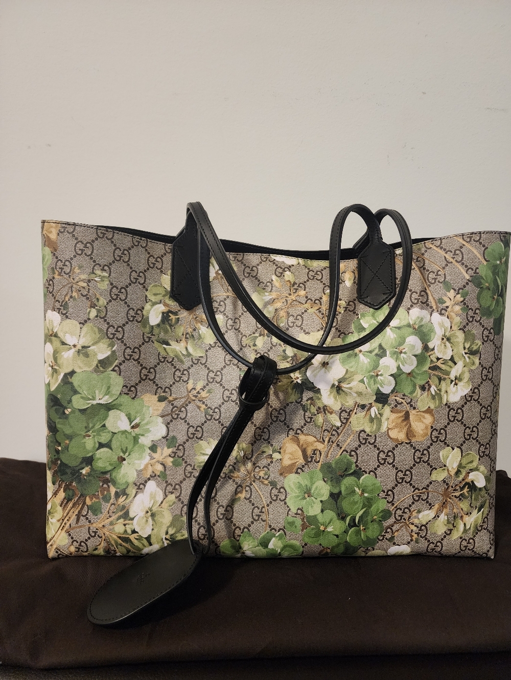 Gucci Reversible Floral GG Tote with Leather Luggage Tag